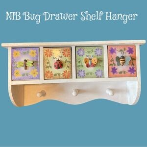 NIB INSECT WALL SHELF With (4) Storage Drawer Compartments SHABBY CHIC Wood Pegs